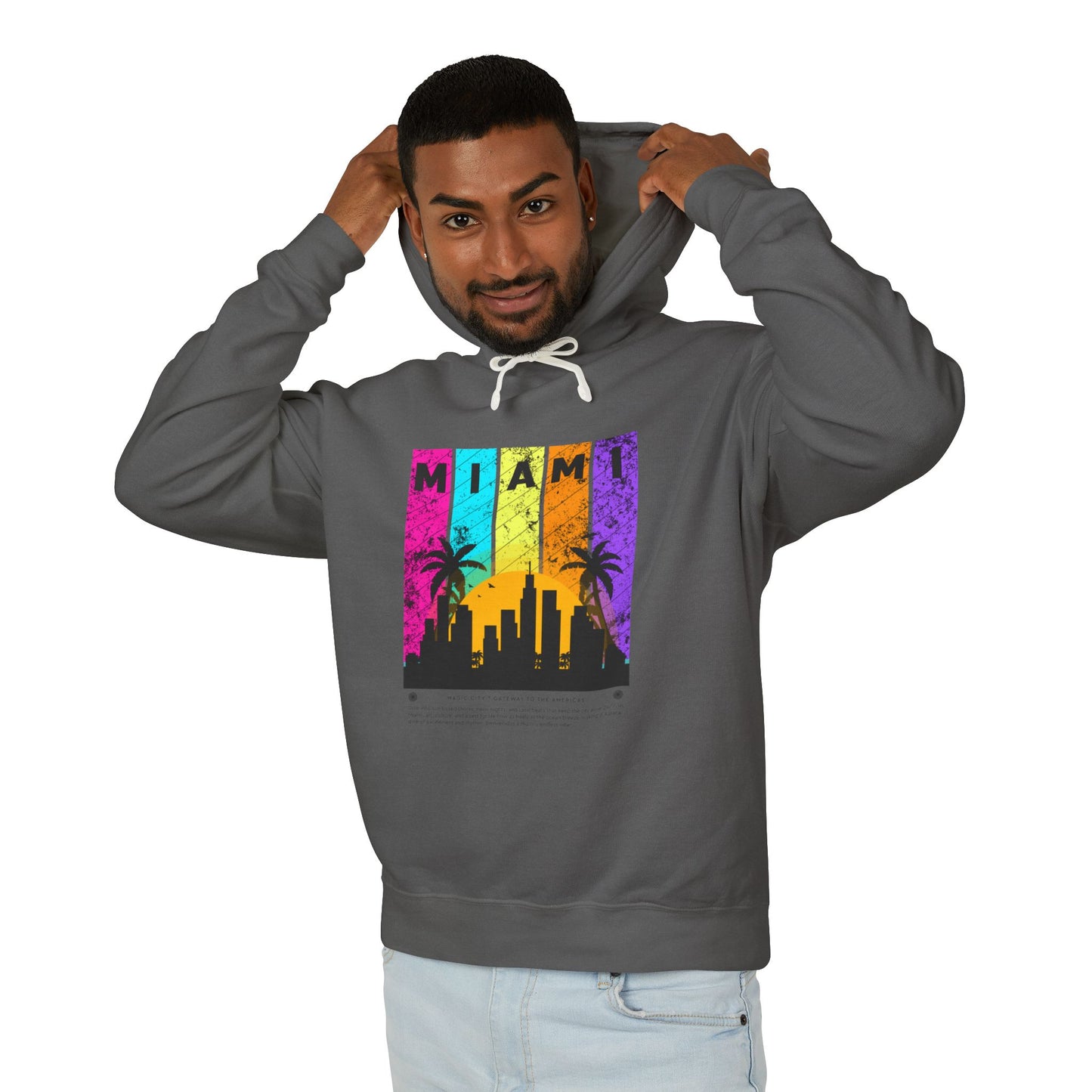 Access Travel "Miami" Sunset Skyline Hoodie — Retro Palm Beach Vibes