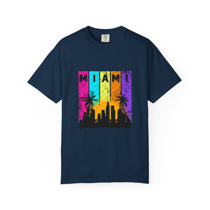 Access Travel "Miami" Sunset Skyline T‑Shirt — Retro Palm Beach Vibes