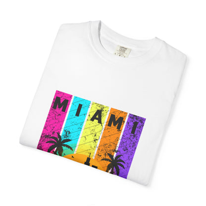 Access Travel "Miami" Sunset Skyline T‑Shirt — Retro Palm Beach Vibes