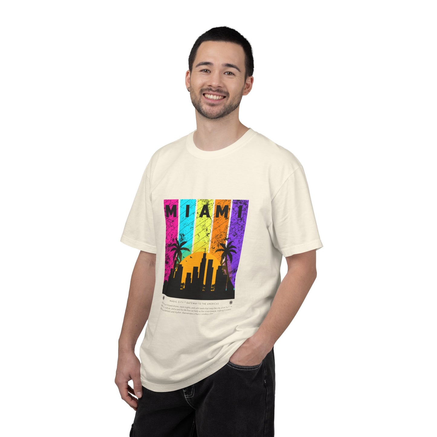 Access Travel "Miami" Sunset Skyline T‑Shirt — Retro Palm Beach Vibes