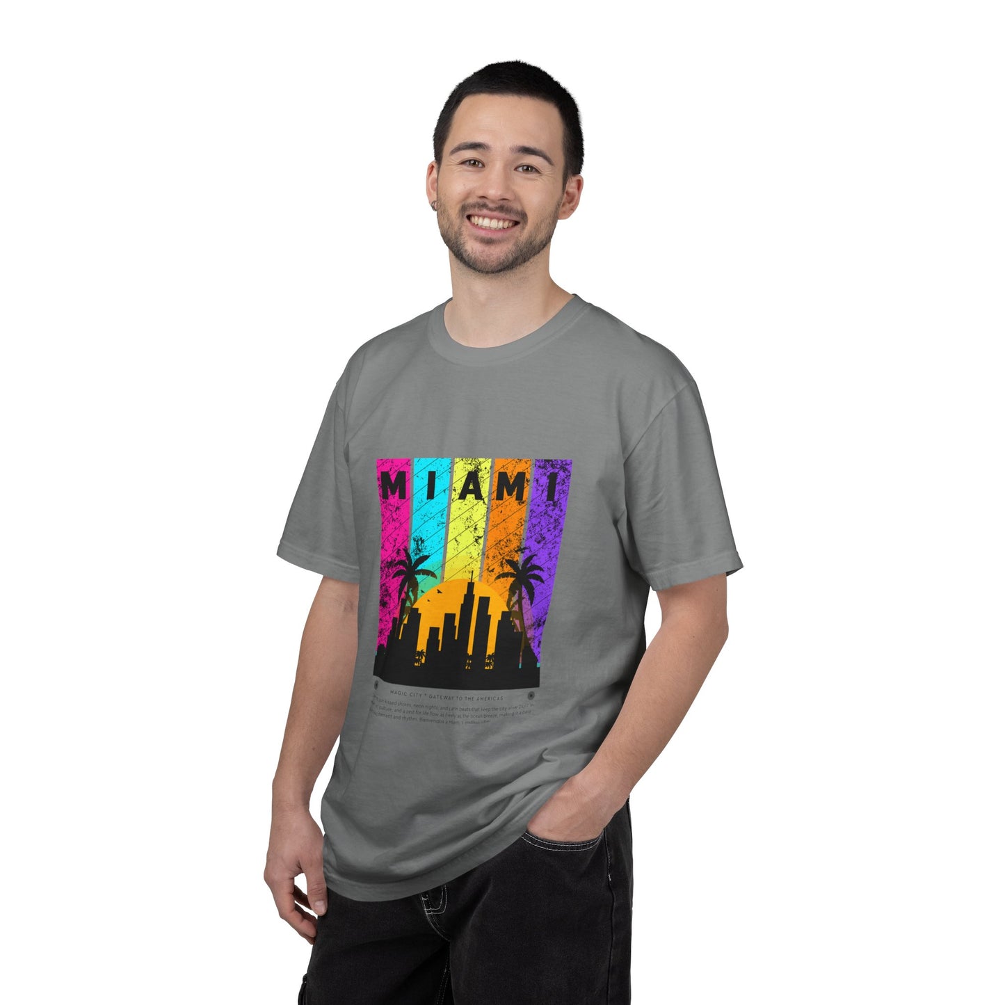 Access Travel "Miami" Sunset Skyline T‑Shirt — Retro Palm Beach Vibes