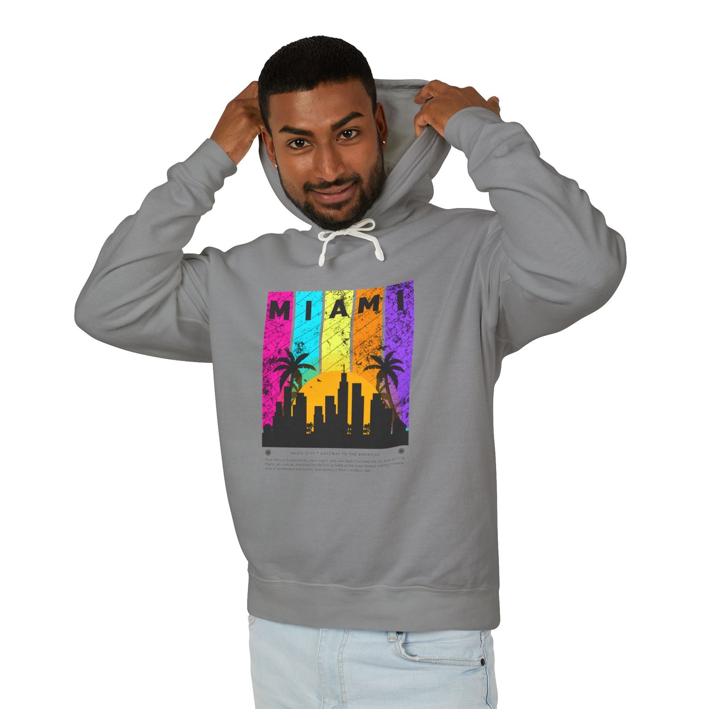 Access Travel "Miami" Sunset Skyline Hoodie — Retro Palm Beach Vibes