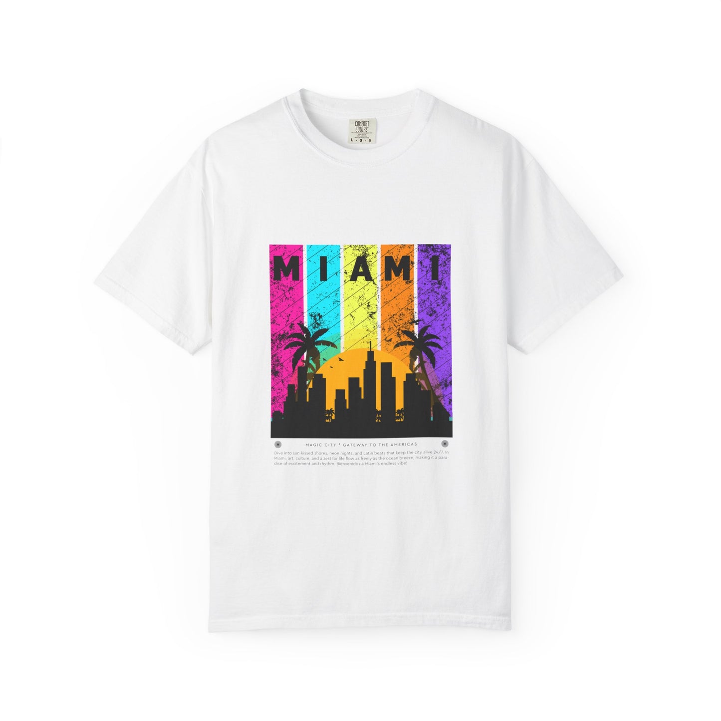 Access Travel "Miami" Sunset Skyline T‑Shirt — Retro Palm Beach Vibes
