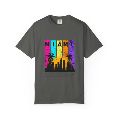 Access Travel "Miami" Sunset Skyline T‑Shirt — Retro Palm Beach Vibes