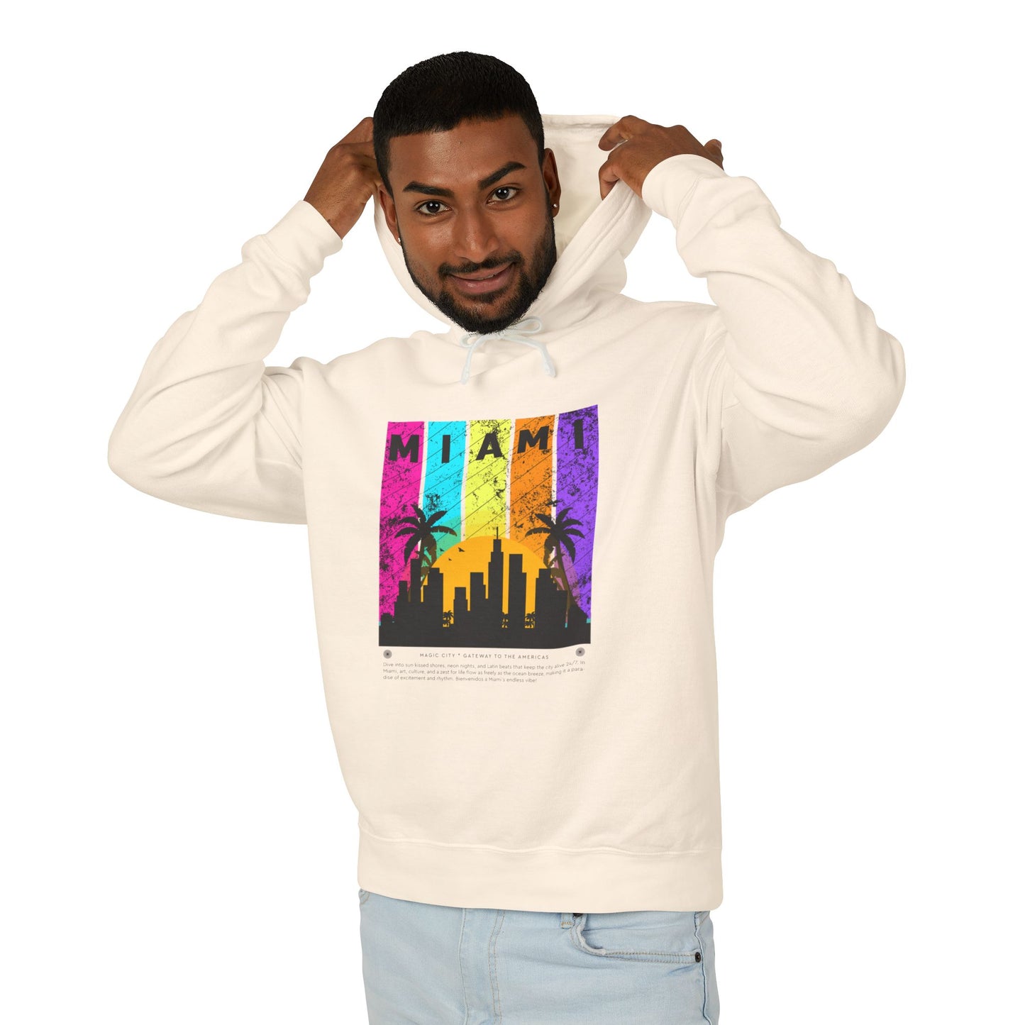 Access Travel "Miami" Sunset Skyline Hoodie — Retro Palm Beach Vibes
