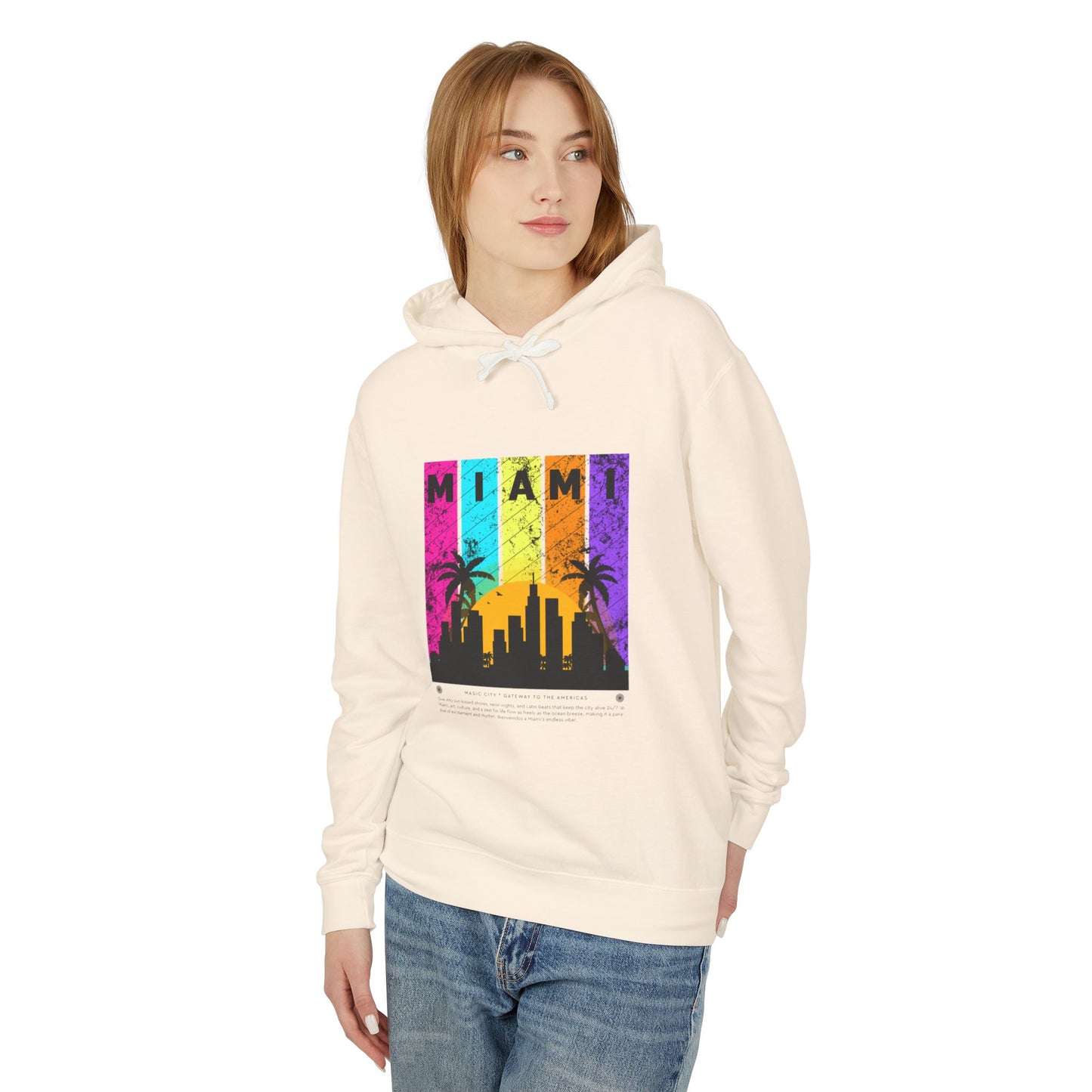 Access Travel "Miami" Sunset Skyline Hoodie — Retro Palm Beach Vibes