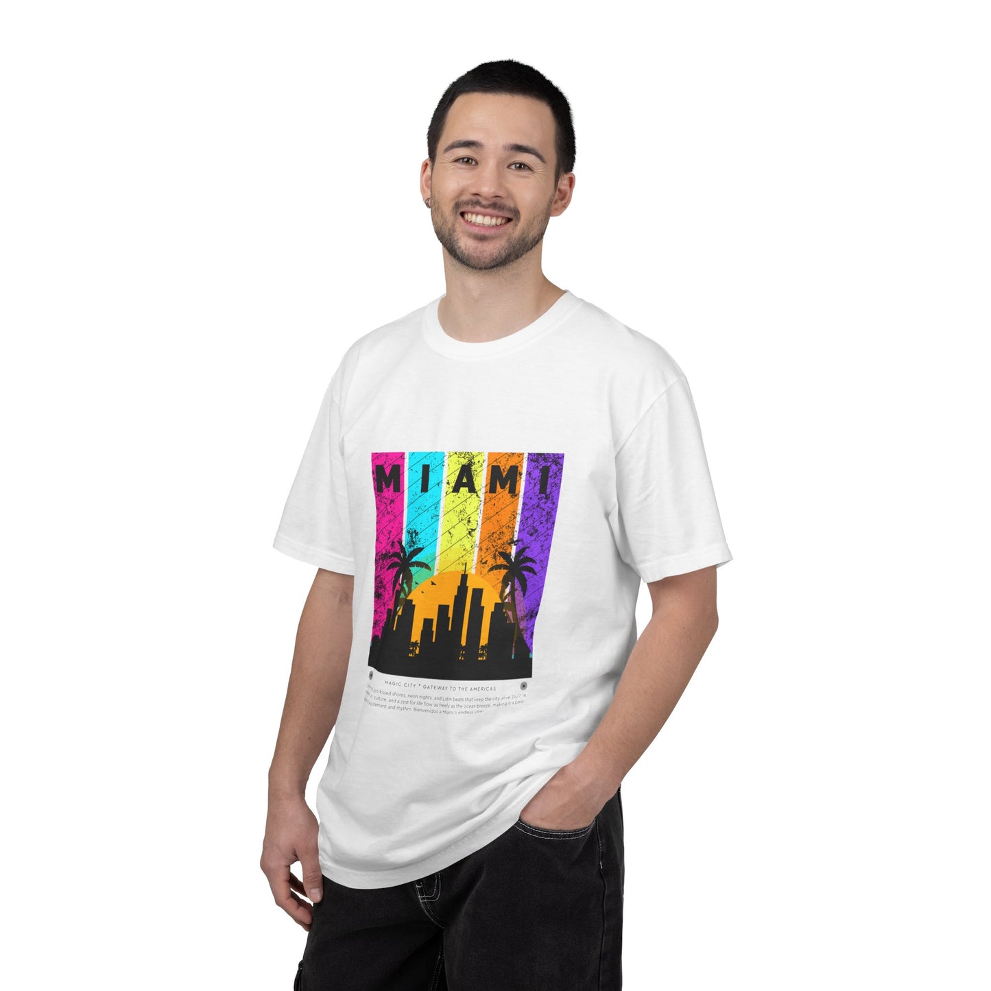 Access Travel "Miami" Sunset Skyline T‑Shirt — Retro Palm Beach Vibes