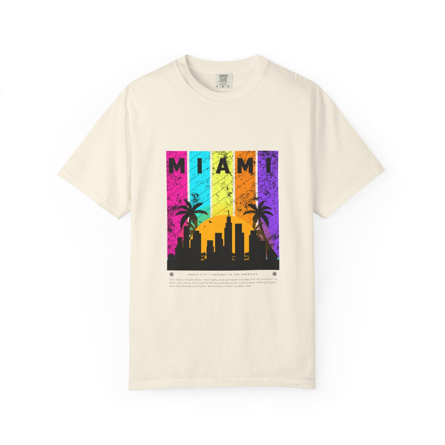 Access Travel "Miami" Sunset Skyline T‑Shirt — Retro Palm Beach Vibes
