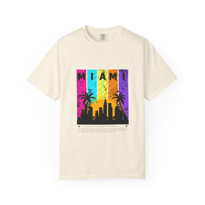 Access Travel "Miami" Sunset Skyline T‑Shirt — Retro Palm Beach Vibes
