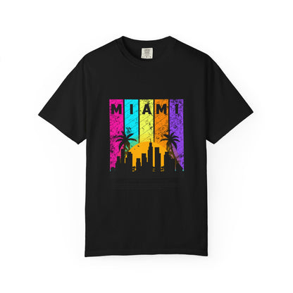 Access Travel "Miami" Sunset Skyline T‑Shirt — Retro Palm Beach Vibes