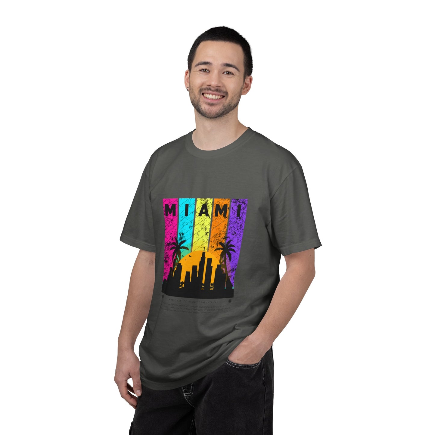 Access Travel "Miami" Sunset Skyline T‑Shirt — Retro Palm Beach Vibes