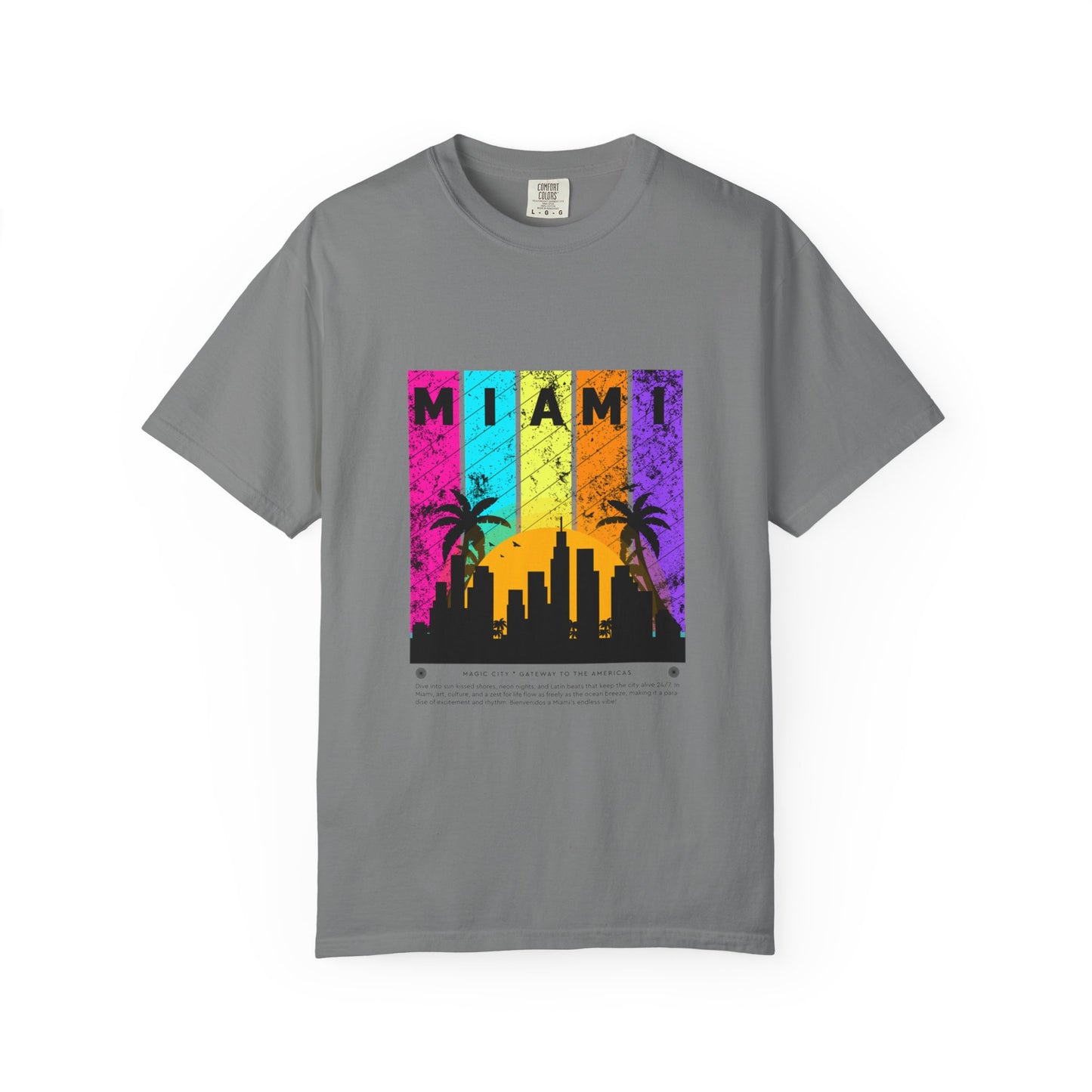 Access Travel "Miami" Sunset Skyline T‑Shirt — Retro Palm Beach Vibes