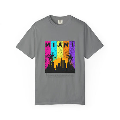 Access Travel "Miami" Sunset Skyline T‑Shirt — Retro Palm Beach Vibes