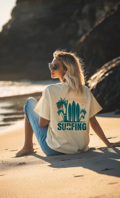 Access Travel "Surfing" Vintage Palm Trees & Surfboards Beach T-Shirt